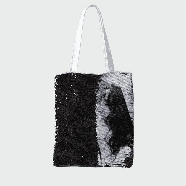 Qstomize.com - Sequin Tote Bag Stylish tote bag with black sequins and captivating gray graphic of flowing hair.